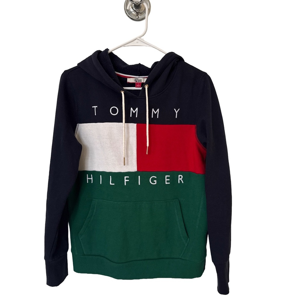 TOMMY HILFIGER DENIM Hoodie Women’s Medium Colorblock Streetwear Logo Pullover